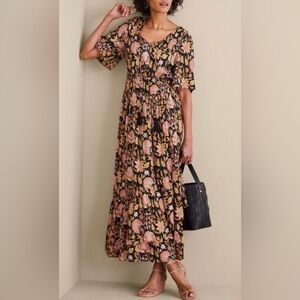 🌺 Soft Surroundings Floral Midi Dress - Black and Pink